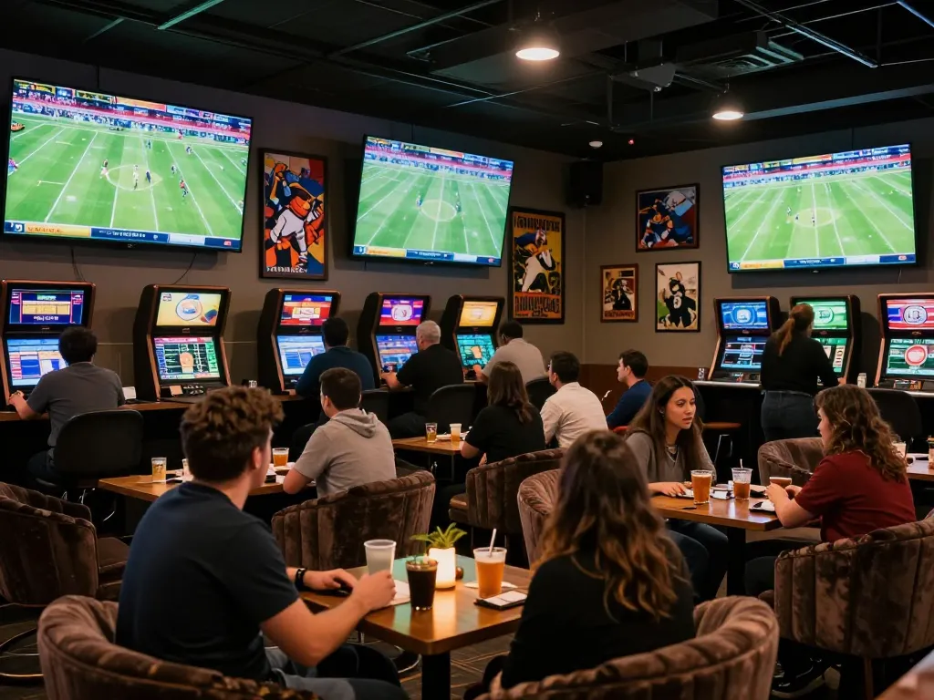 Engaging sports betting scene highlighting ไฮไลท์ฟุตบอล 7m with fans analyzing betting strategies in a lively atmosphere.