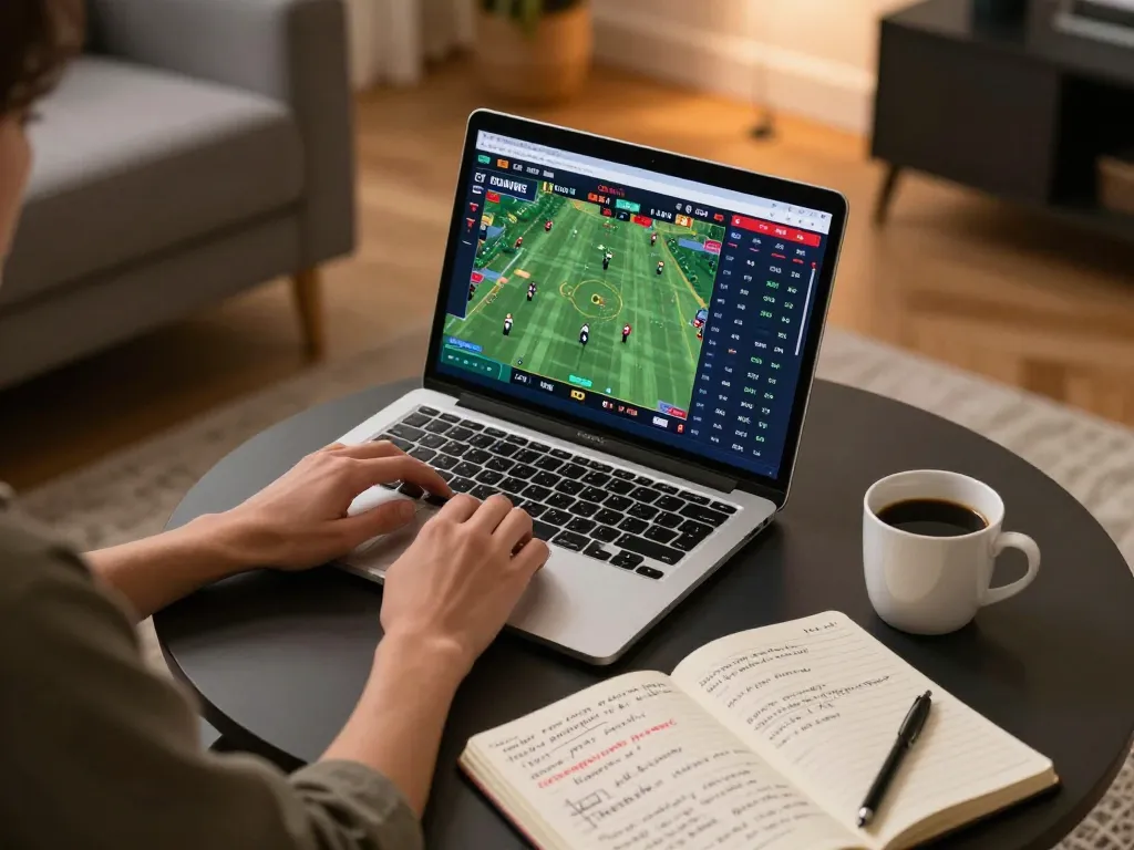 Betting on live sports at home with 58Win on laptop, capturing strategic moments.