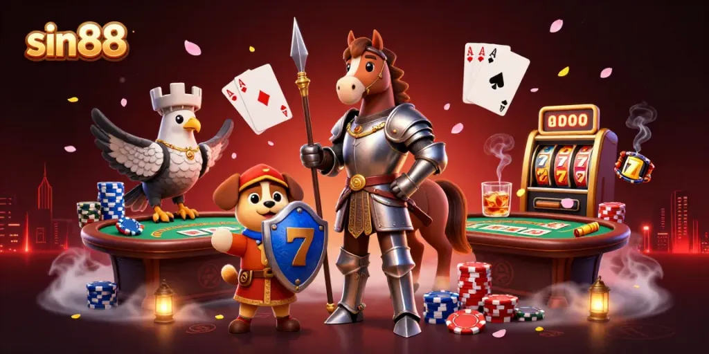Experience thrilling action at sin88 with medieval knight and puppy amidst a vivid poker scene infused with vibrant casino elements.