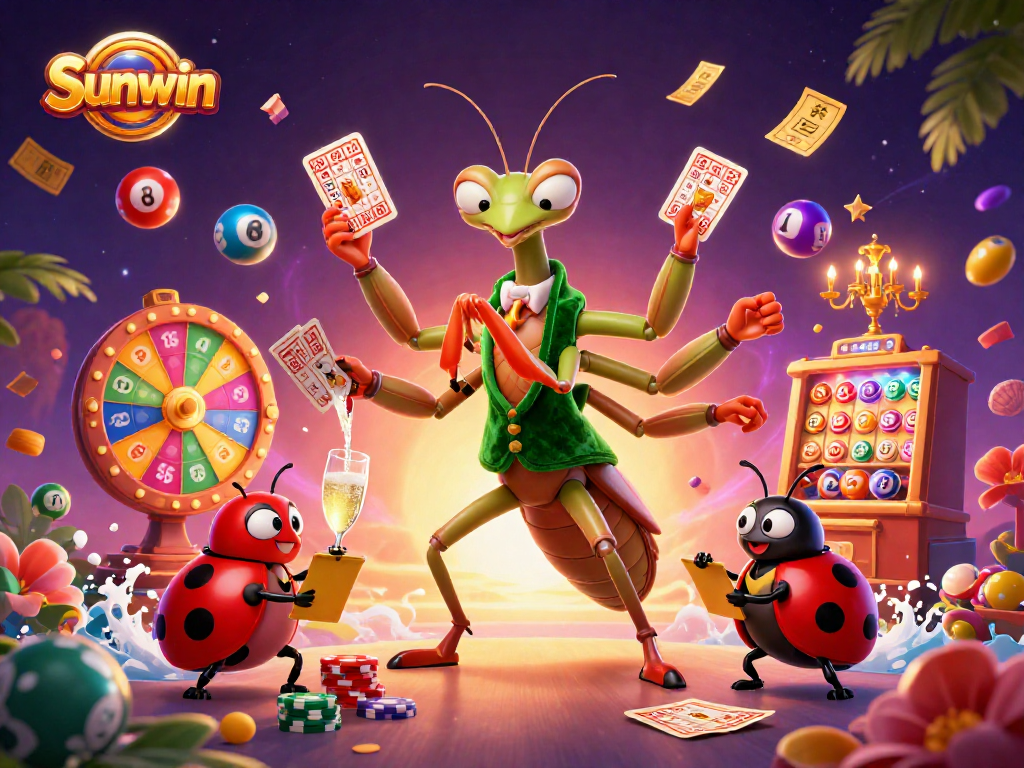 Engage in thrilling gameplay with Sunwin, featuring exciting casino elements including vibrant cards and colorful lottery balls.