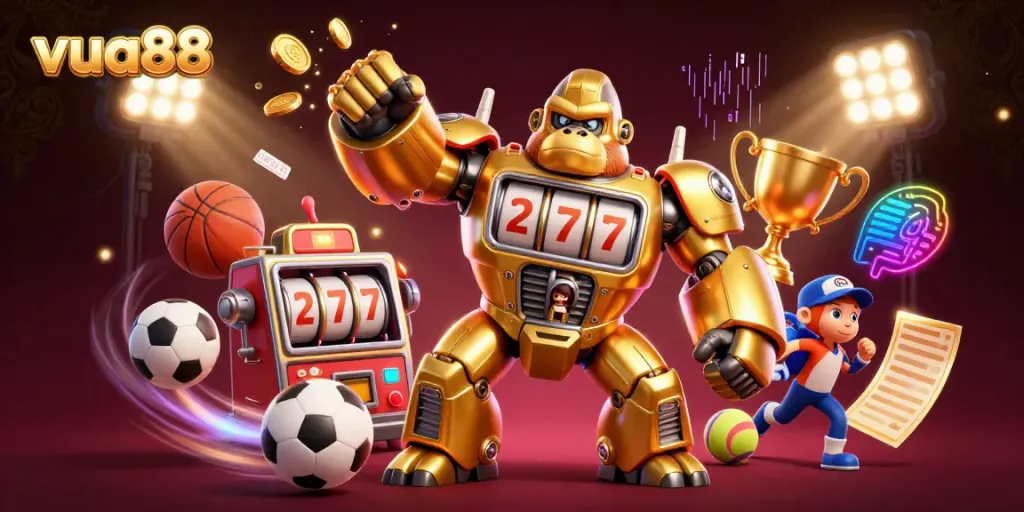 Join the action at Vua88, featuring a golden gorilla mech surrounded by thrilling sports elements in this exciting casino illustration.