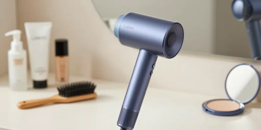 Close-up of Laifen Mini haartrockner displaying its sleek design alongside beauty products.