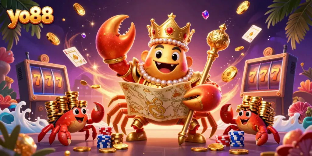 Experience the thrill of yo88 with a golden crab emperor surrounded by dynamic casino elements.