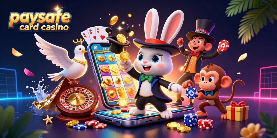 Erleben Sie die Aufregung in einem Paysafe Card Casino mit einer lebendigen 3D-Illustration von Charakteren und Spielelementen.