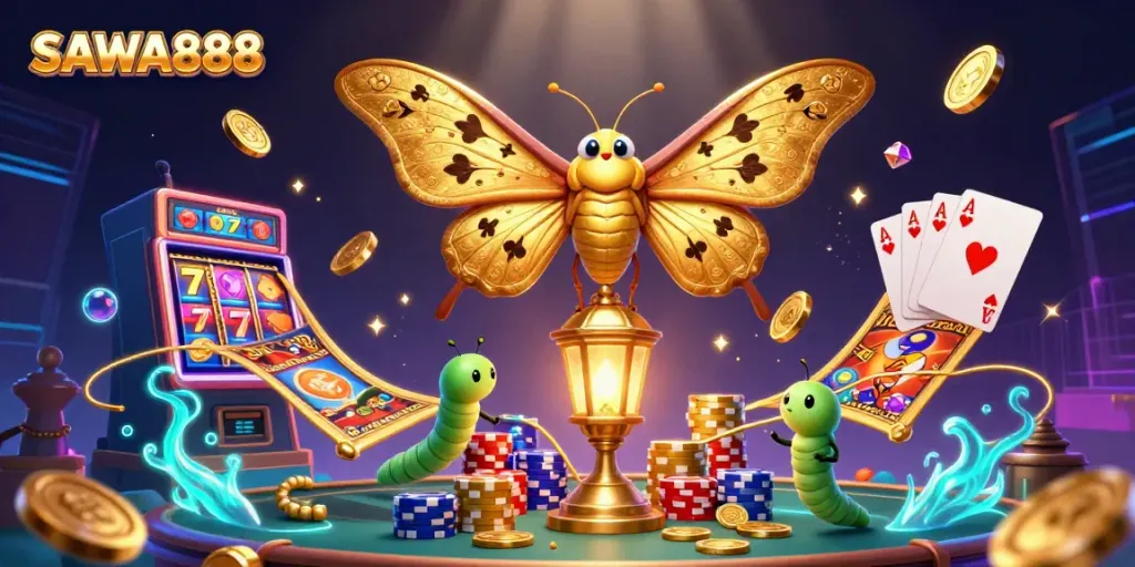 Experience thrilling gameplay with SAWA888's vibrant 3D casino scene featuring slot machines and golden moths.