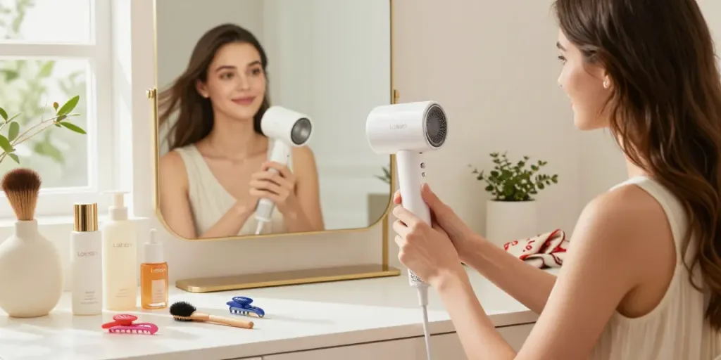 Laifen Mini haartrockner in a stylish beauty setup with a young woman drying her hair.