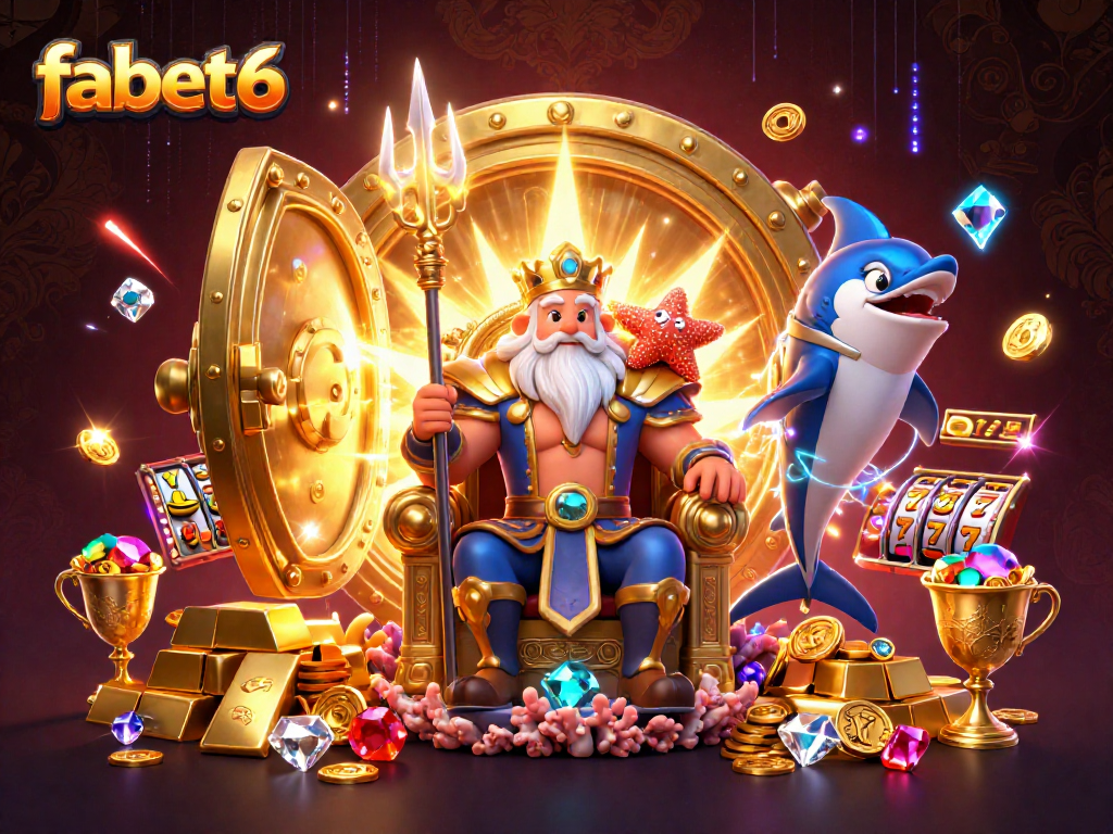 Spin to win at fabet6 with Neptune, treasures, and animated slot reels in a dazzling scene!
