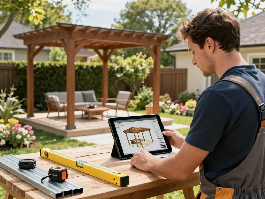 Software für Pergola-Installateure, die von einem geschickten Installateur demonstriert wird, der maßgeschneiderte Pergolen mit fortschrittlicher Technologie konfiguriert.