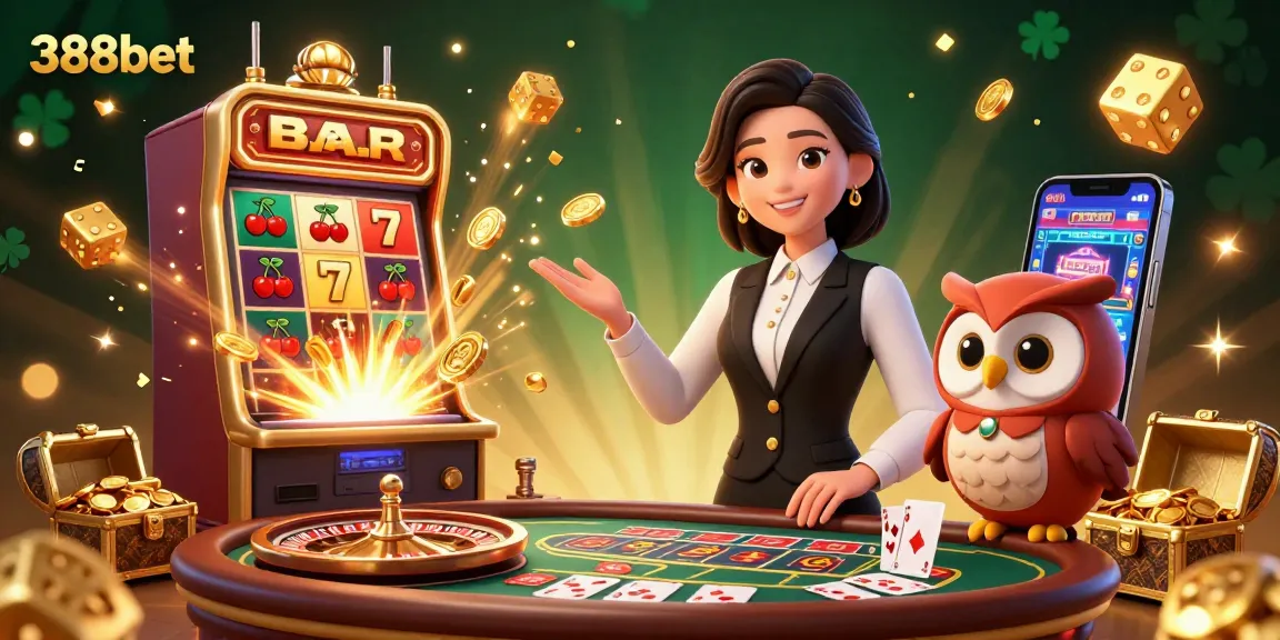 Experience the thrill of gambling with 388bet, featuring a dynamic baccarat table and jackpot animations.