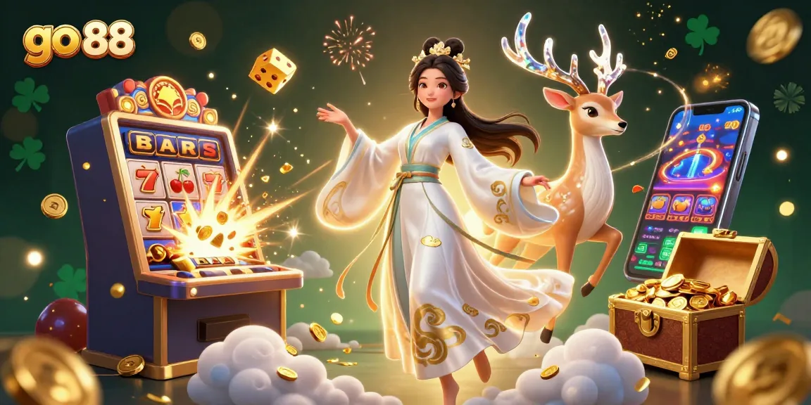 Experience exciting wins with go 88 and explore thrilling casino games in this vibrant 3D illustration.