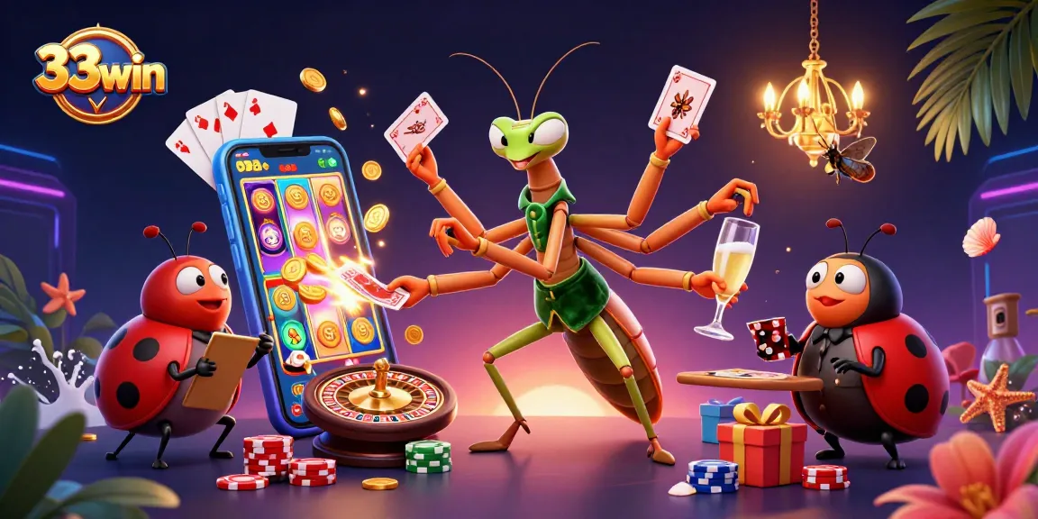 Experience excitement with the 33win gaming scene featuring a giant mantis and ladybug pit boss.