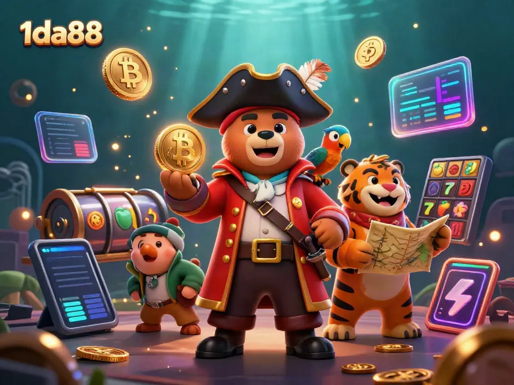 Join the adventure at 1da88 casino with a pirate bear and tiger, featuring vibrant slot elements.