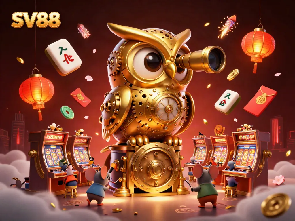 Engage in SV88’s vibrant casino floor with a majestic clockwork owl guiding the gaming experience.