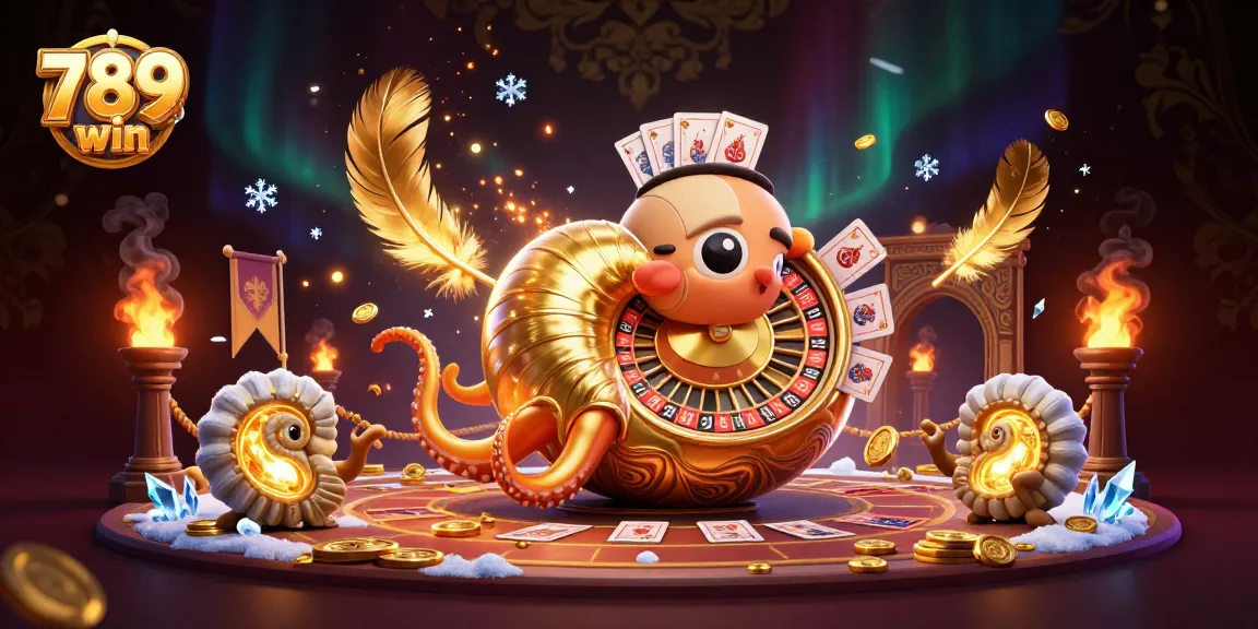 Win big at 789 win with an ultra-detailed casino illustration showcasing an ancient giant nautilus, roulette wheel, and glowing ammonite companions.