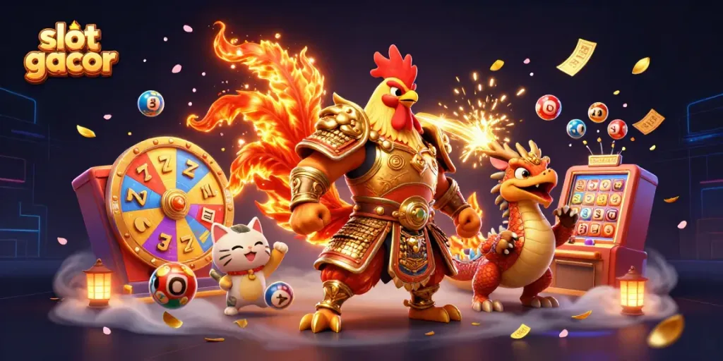 Experience the excitement of slot gacor with a powerful warrior, a dragon, and vibrant casino elements in a dynamic scene.