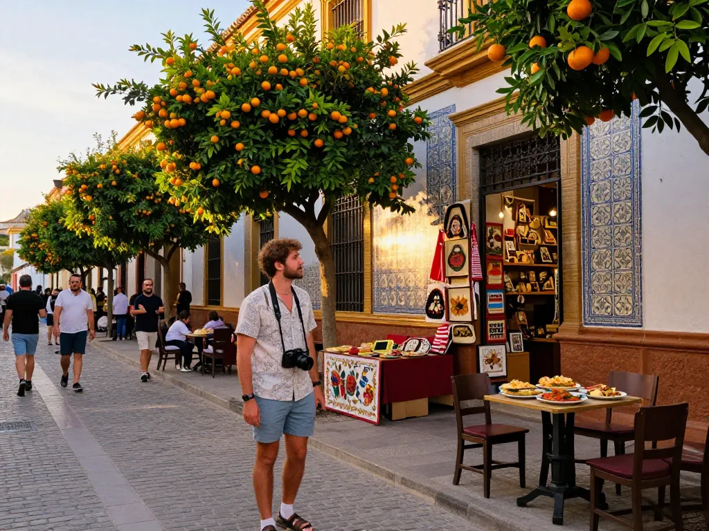 Reisetipps Sevilla: Reisender genießt die lebhaften Straßen Sevillas mit Tapas und lokaler Kultur
