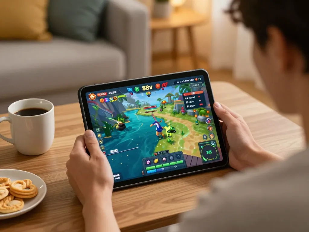 bắn cá 88vv gameplay on a tablet in a cozy home setting, highlighting strategic entertainment.