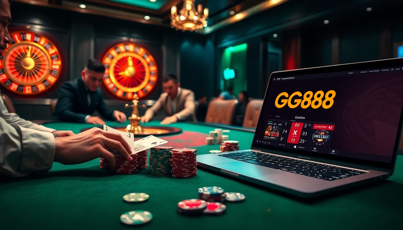 Players enjoying high-stakes poker at https://gg88.ltd/ with luxurious casino elements.