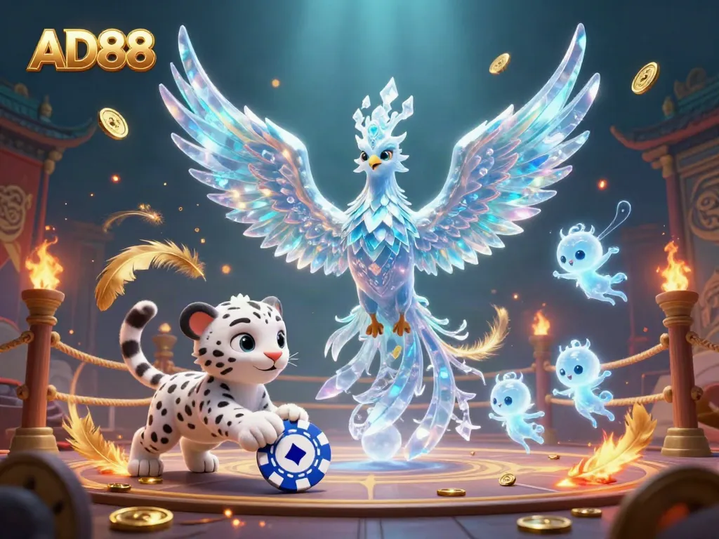 Engage with AD88 through a vibrant ice phoenix and snow leopard cub in a captivating casino-themed illustration.