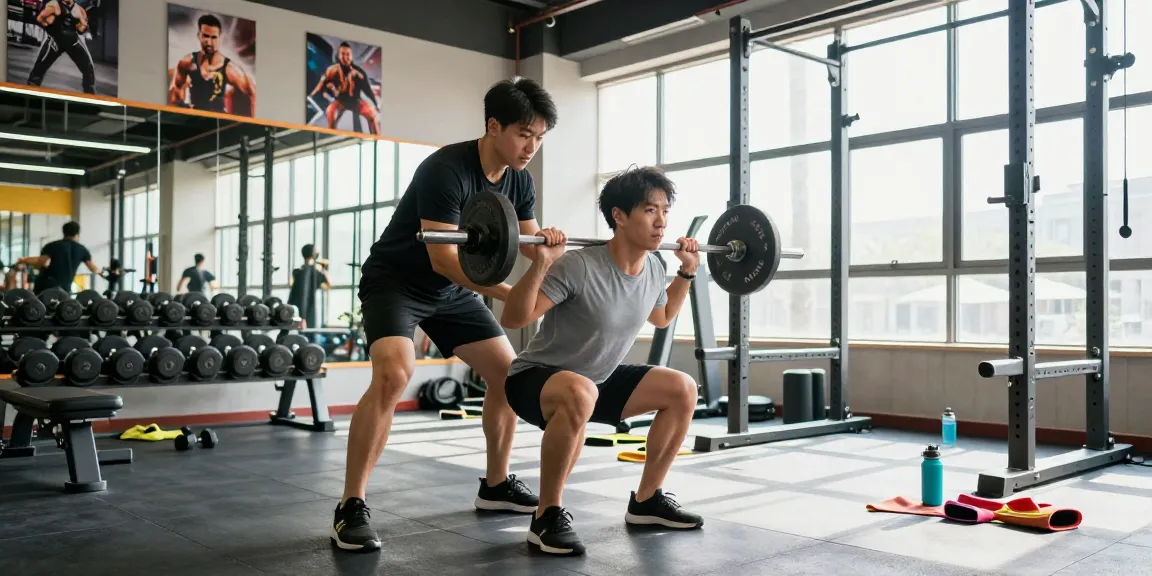 Personal Trainer bei Steroidshop, der effektive Gewichtheber-Techniken in einer lebendigen Fitnessstudio-Umgebung vorstellt.