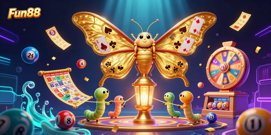 Engage with Fun88 through vibrant lottery scenes featuring a 3D moth and colorful gambling elements.