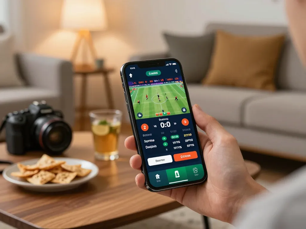 Exciting betting on mobile app for bsport com showcased over a cozy living room table.
