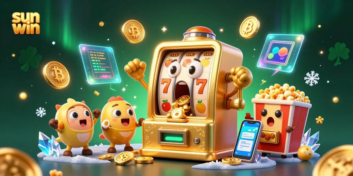 Spin to win with sun win as a golden slot machine hits the jackpot amid cheers and crypto elements.