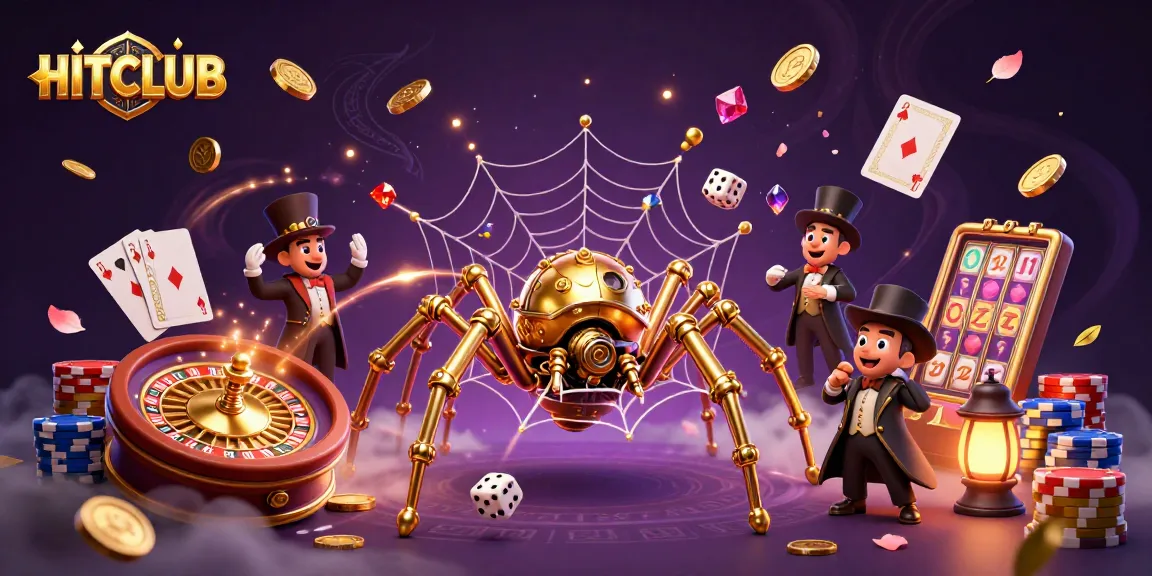Engage in HITCLUB with golden spider capturing dice, radiant poker elements and thrilling casino atmosphere.