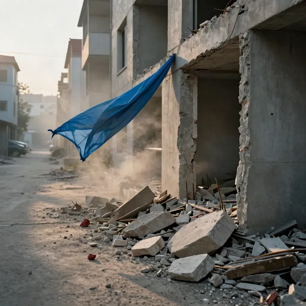 Beschädigte Hauskante mit blauer Plane, Staub und Morgenlicht in enger Straße.