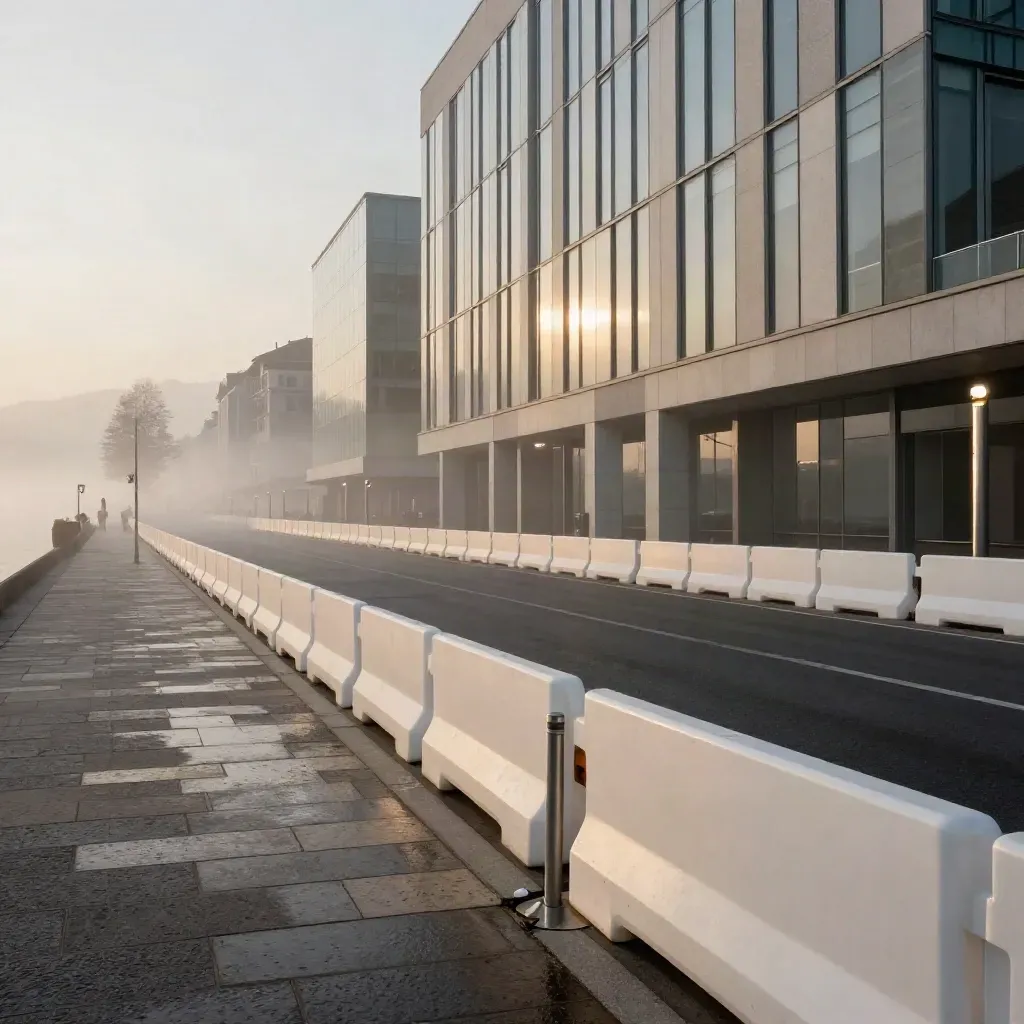 Nebliger Vorplatz am Genfer Konferenzzentrum mit Sperrbarrieren im Morgengrauen.