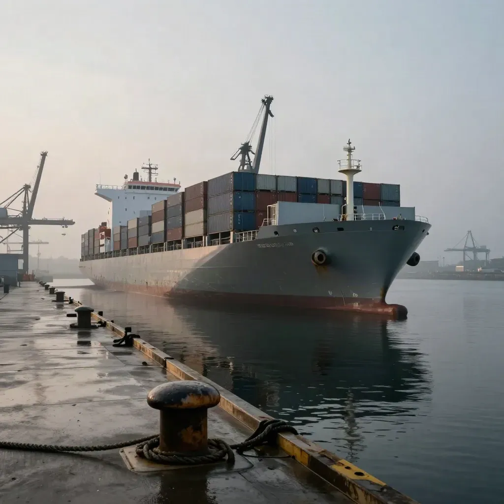 Regenverhangener Hafen mit Containerschiff und Kränen im Dunst