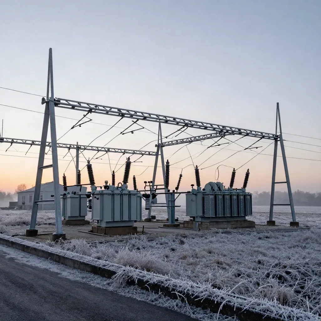 Frostige Umspannstation bei Dämmerung mit Strommasten und orangefarbenem Licht am Horizont