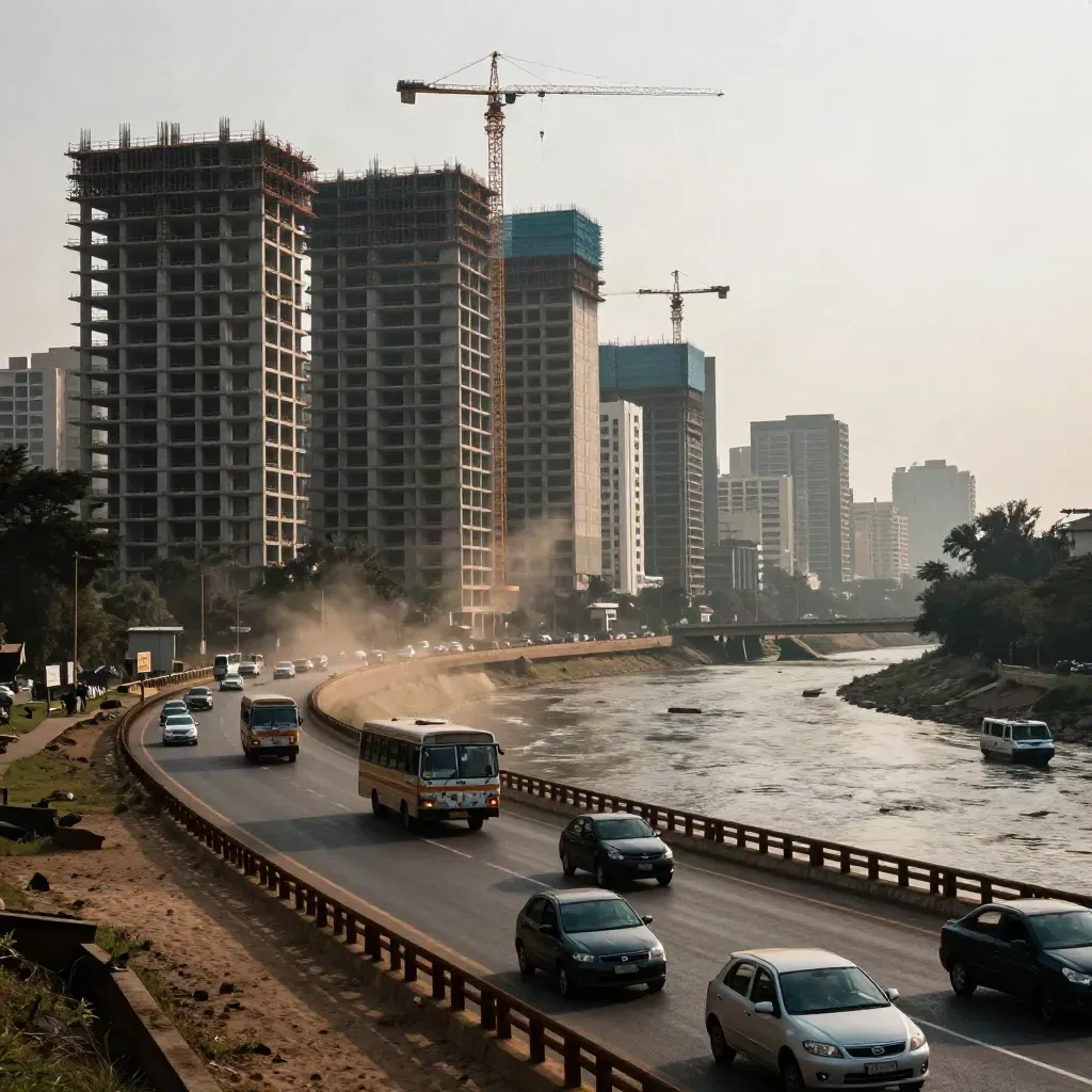 Unfertige Hochhäuser in Nairobi an einer vielbefahrenen Straße im Dunst und Staub.