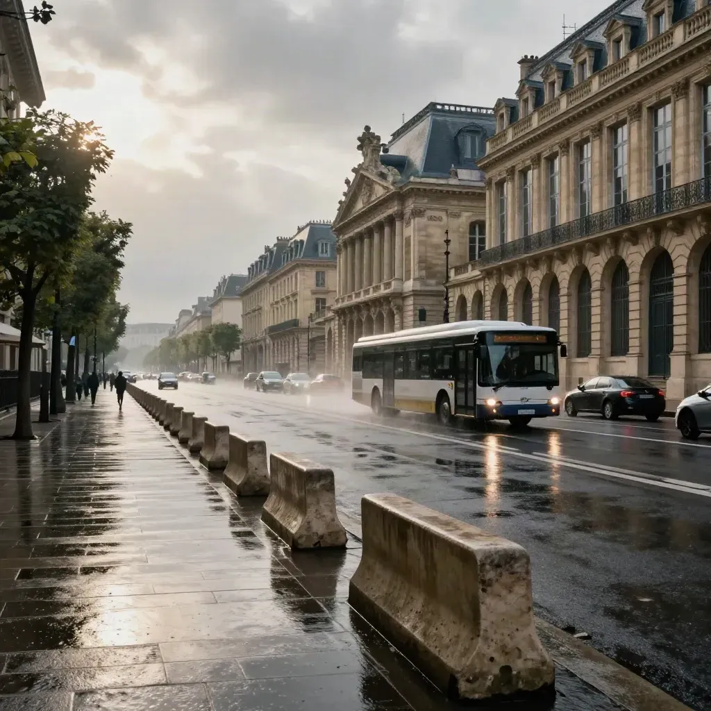 Nasse Pariser Regierungsstraße mit fahrenden Autos, Spritzwasser und spiegelnden Fassaden nach dem Regen