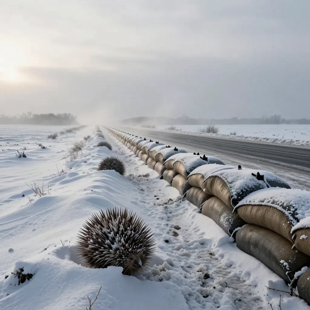 Vereister Kontrollpunkt mit Panzersperren, Sandsäcken und verschneiter Fahrspur im Morgenlicht