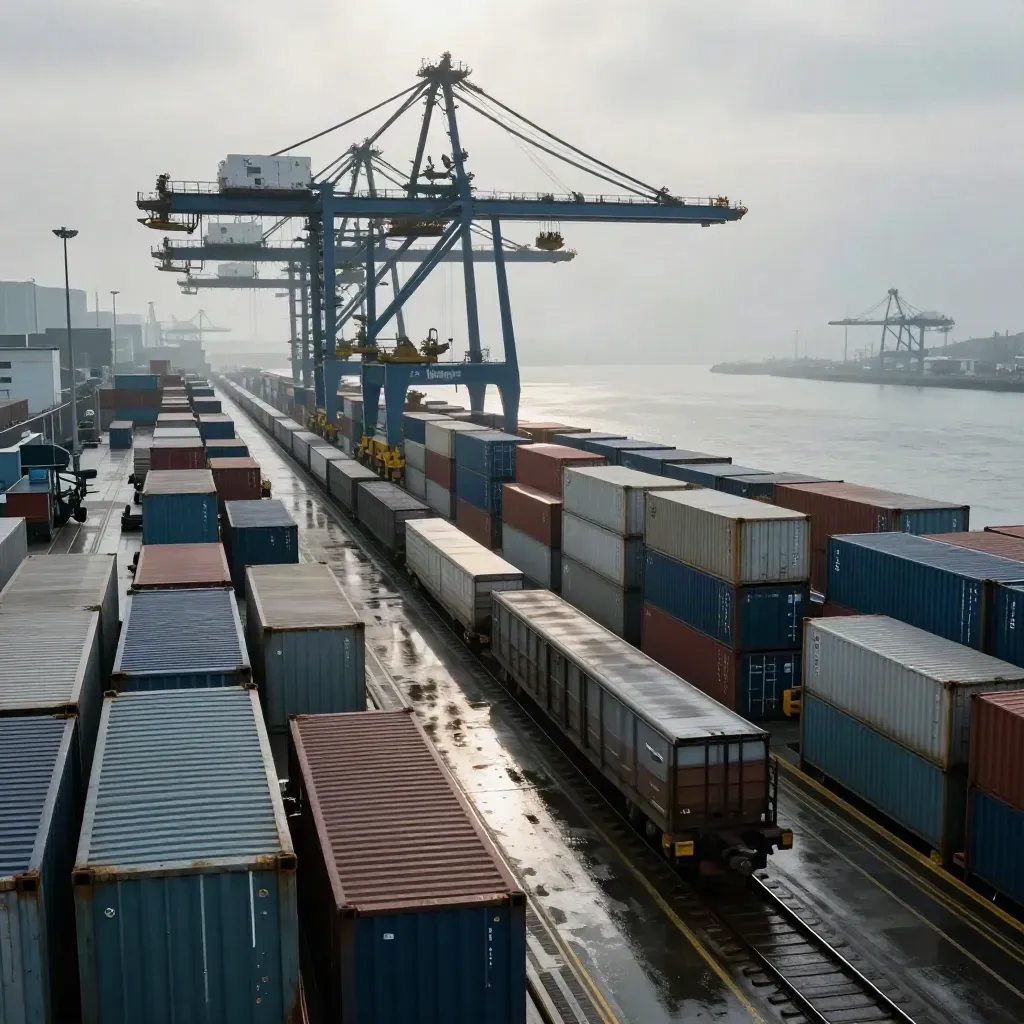 Containerhafen in Busan bei Regen, ein Güterzug fährt an Kränen und Containern vorbei.