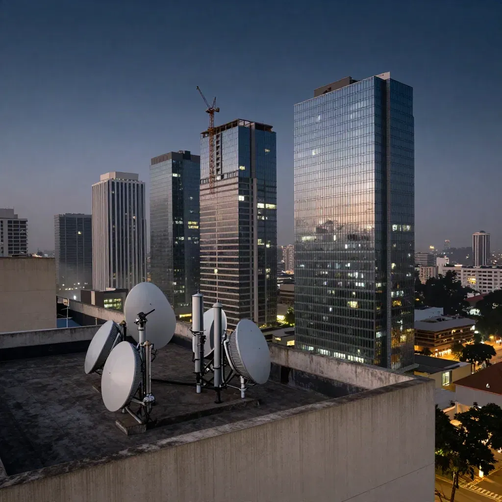 Nairobi- und Lagos-ähnliche Techviertel im Blauhour, Lichter gehen in den Türmen an.