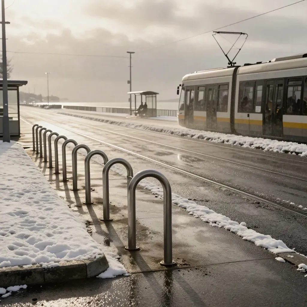 Winterlicher Tramhalt am Meer mit Fahrradbügeln, Schneeschauer und nassem Pflaster.