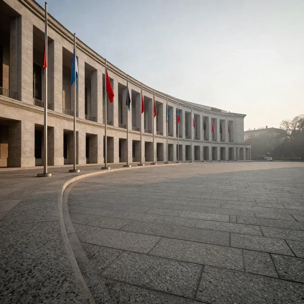 UN-Campus im Morgenhaze mit Fahnen und steinernem Vorplatz