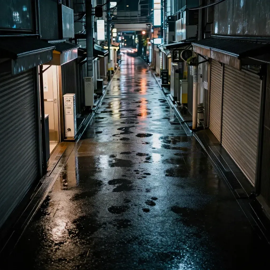 Regennasse Tokio-Gasse bei Nacht mit Neonreflexen und Zuglichtspuren