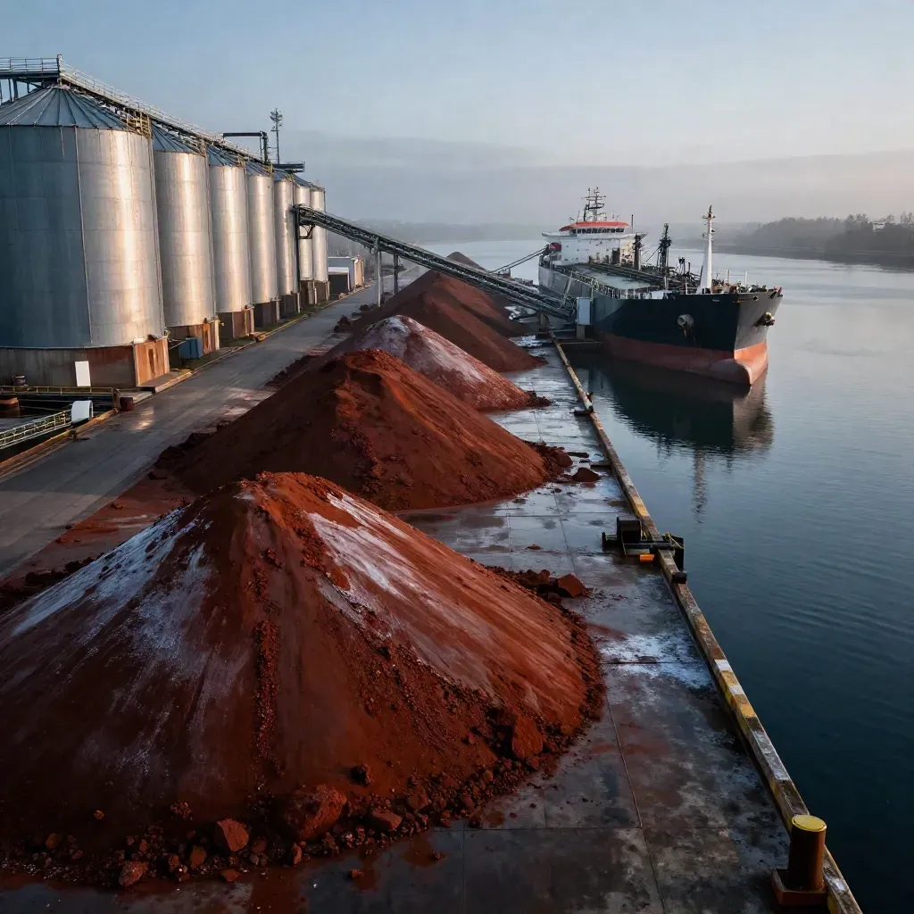 Hafen mit Kupfererz, Getreidesilos und wartendem Öltanker im Morgenlicht.