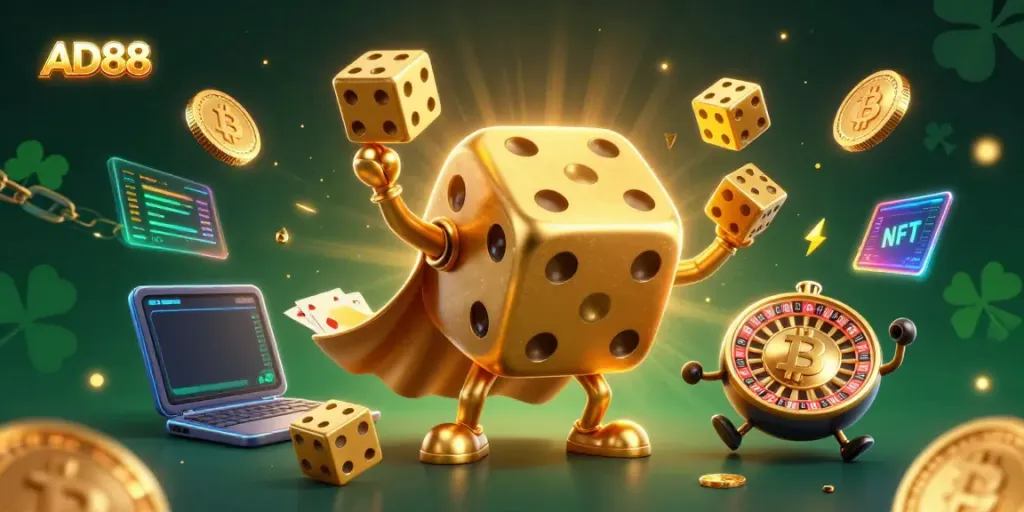 Experience thrilling gaming at AD88 with a dazzling scene of golden dice and crypto elements.