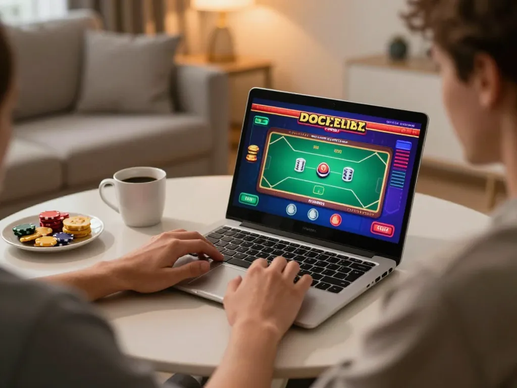 Engaging scene of a user đăng ký SC88 for online gaming from home, showcasing laptop with poker game.