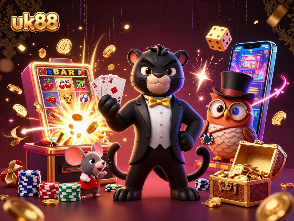 Engage with uk88's colorful casino action featuring a tuxedo panther, poker owl, and lucky mouse.