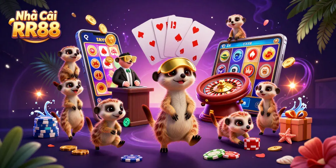 Experience Nhà Cái RR88 as meerkats run a vibrant casino with thrilling game elements and dynamic energy.