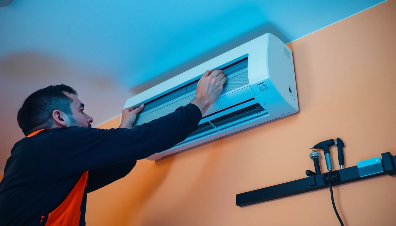 Installieren lassen Klimaanlagen in einem modernen Raum mit einem professionellen Techniker am Werk.