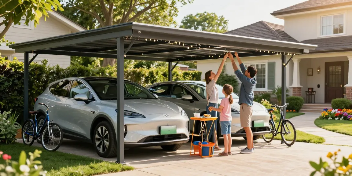 Moderne Carport-Installation im Freien mit Familie und Fahrzeugen.
