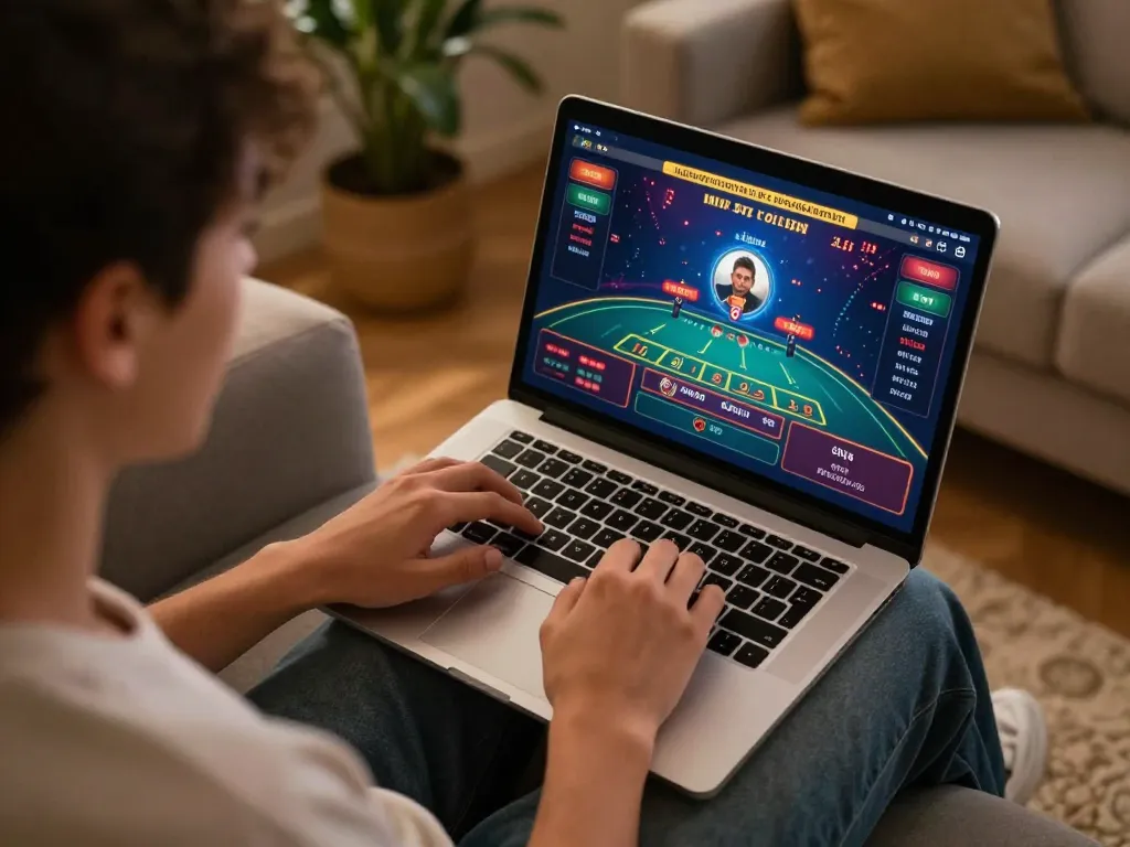 Engaging in rút tiền qq88 process during an online casino session at home, laptop screen displaying live betting.