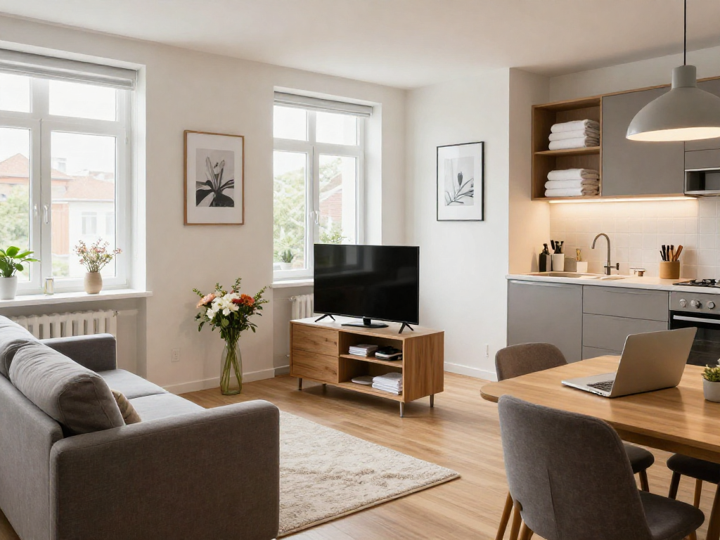 Moderne Monteurwohnung Hannover mit gemütlichem Wohnbereich und voll ausgestatteter Küche für Geschäftsreisende.