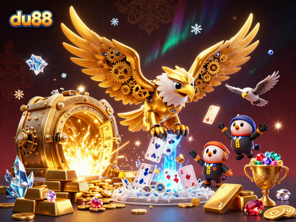 Experience excitement with du88 as a cybernetic eagle dives among holographic cards and treasures.